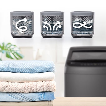  In the background, there is a washing machine, and in front, there is a clean laundry and a washing machine motion icon on it